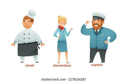 Man and Woman Character of Various Professions with Chef, Stewardess and Captain in Uniform Vector Set