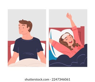Man and Woman Character Waking Up Feeling Happy Stretching Out in Bed Ready to Get Up in the Morning Vector Set