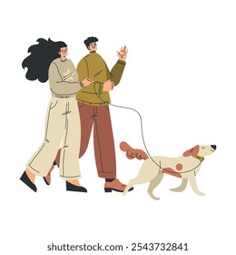 Hombre y Mujer Personaje Perro Caminante Mascota con Correa como Ilustración vectorial Animal Doméstica