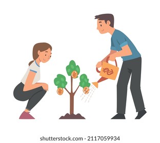 Man and Woman Character Watering Money Tree Cultivating It Vector Illustration