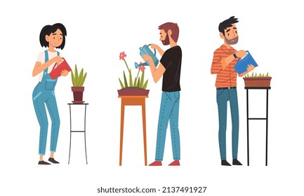 Man and Woman Character Watering Plant Sprout Growing in Pot Vector Set