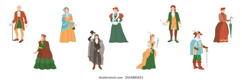 Man and Woman Character Wear Renaissance Traditional European Clothes Vector Set