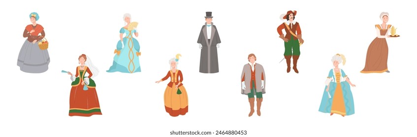 Man and Woman Character Wear Renaissance Traditional European Clothes Vector Set