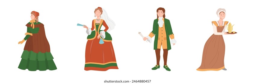 Man and Woman Character Wear Renaissance Traditional European Clothes Vector Set