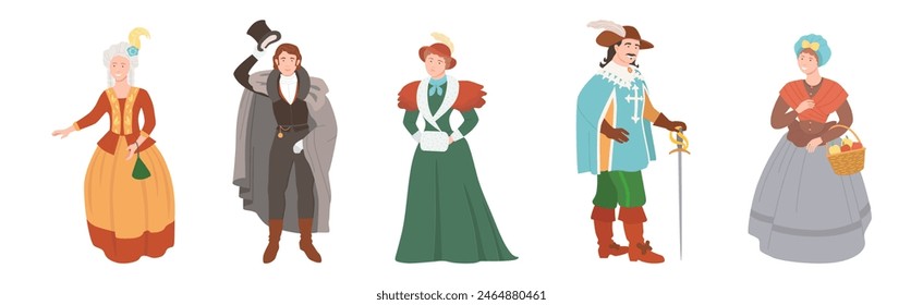 Man and Woman Character Wear Renaissance Traditional European Clothes Vector Set