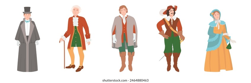 Man and Woman Character Wear Renaissance Traditional European Clothes Vector Set