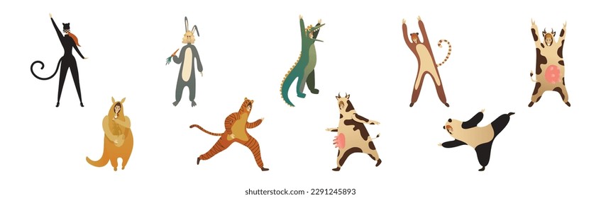 Man and Woman Character Wearing Animal Costume Participating in Masquerade and Celebrating Party Vector Set