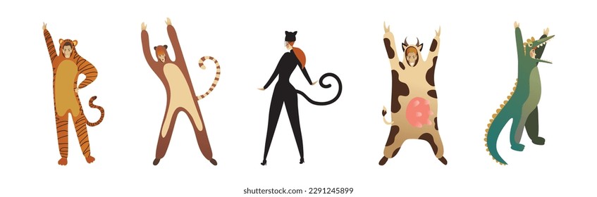 Man and Woman Character Wearing Animal Costume Participating in Masquerade and Celebrating Party Vector Set