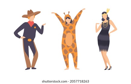 Man and Woman Character Wearing Carnival or Party Garment Vector Illustration Set