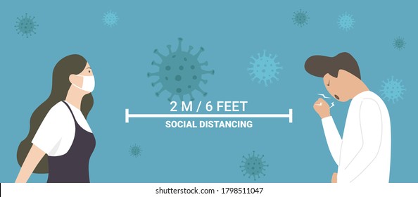 man and woman character wearing face mask maintain social distancing to prevent virus spreading and flu prevention, coronavirus, social isolation, self quarantine