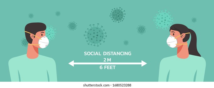 man and woman character wearing n95 mask maintain social distancing to prevent from virus spreading and flu prevention. coronavirus, social isolation and self quarantine concept.