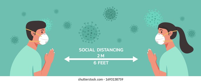 man and woman character wearing n95 mask with Thai Wai and maintain social distancing to prevent from virus spreading and flu prevention, coronavirus, social isolation and self quarantine concept