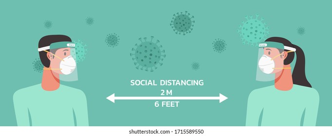 man and woman character wearing n95 mask and face shield maintain social distancing to prevent from virus spreading and flu prevention, coronavirus, social isolation and self quarantine concept