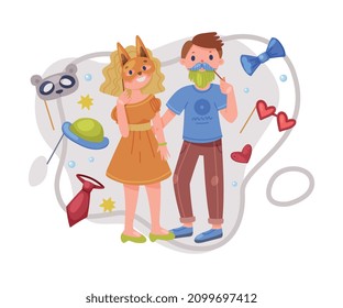 Man and Woman Character Wearing Party Birthday Photo Booth Props Standing and Smiling Vector Illustration