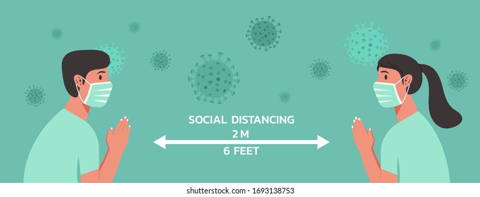 man and woman character wearing surgical mask with Thai Wai and maintain social distancing to prevent from virus spreading and flu prevention, coronavirus, social isolation and self quarantine concept