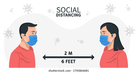 Man and woman character wearing surgical mask maintain social distancing to prevent from virus spreading, coronavirus, social isolation and self quarantine. Social distancing concept.