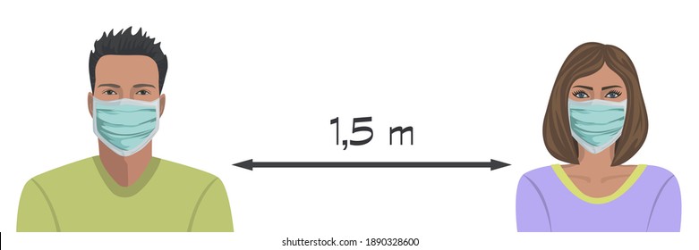Man and woman character wearing surgical or medical face mask maintain social distancing. Keep distance sign. Vector illustration.