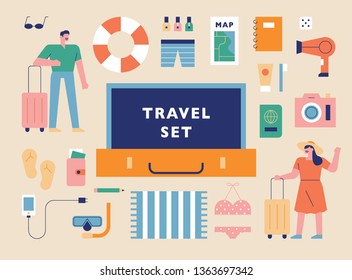 A man and a woman character who go on a trip with things necessary for a trip for summer vacation. flat design style minimal vector illustration