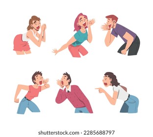 Man and Woman Character with Wide Open Mouth Shouting or Screaming Loud Holding Hand Near Mouth Vector Set