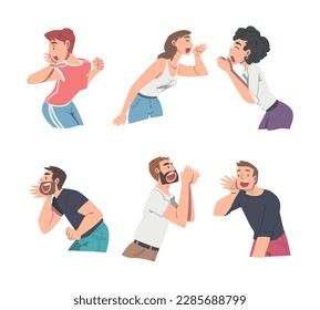 Man and Woman Character with Wide Open Mouth Shouting or Screaming Loud Holding Hand Near Mouth Vector Set