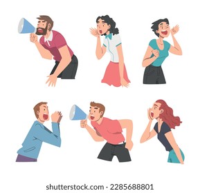 Man and Woman Character with Wide Open Mouth Shouting or Screaming Loud Holding Hand Near Mouth Vector Set