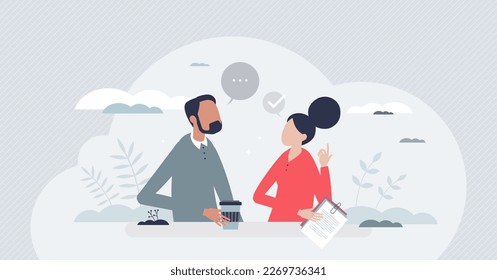 Man and woman characters in casual office environment tiny person concept. Informal clothing for company businessman or businesswoman vector illustration. Corporate communication and partnership scene