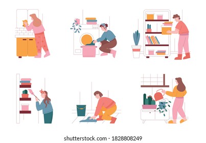 Los personajes de hombres y mujeres limpian el hogar y realizan tareas domésticas. Ilustración vectorial de la gente limpiando casa, desempolvando, lavando ropa. Hogares, lavandería, lavadora