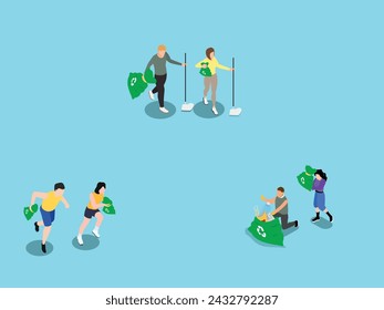 Man and woman characters cleaning environment 3d isometric vector illustration