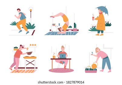 Man and woman characters in daily routine situations. Vector illustration set of people everyday leisure and work activities. Exercise and yoga at home, work with laptop, cooking at kitchen, running