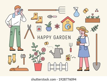 Man and woman characters doing gardening. Gardening tools icon collection. flat design style minimal vector illustration.