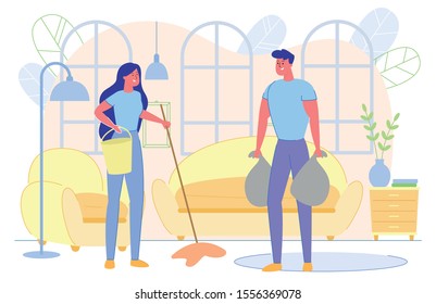 Man and Woman Characters Doing Household Chores.