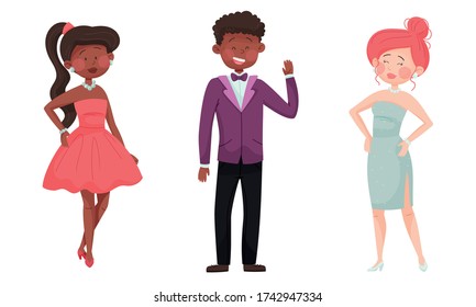 Man and Woman Characters Dressed in Elegant Attire at Social Evening or Red Carpet Reception Vector Illustrations Set