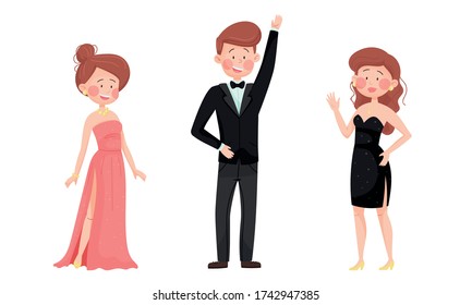 Man and Woman Characters Dressed in Elegant Attire at Social Evening or Red Carpet Reception Vector Illustrations Set