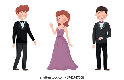 Man and Woman Characters Dressed in Elegant Attire at Social Evening or Red Carpet Reception Vector Illustrations Set
