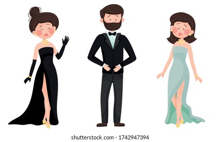 Personajes de hombre y mujer vestidos con elegante atuendo en velada social o iluminación vectorial de la recepción de alfombras rojas