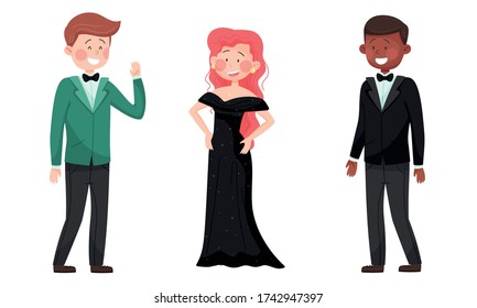 Personajes de hombre y mujer vestidos con elegante atuendo en velada social o iluminación vectorial de la recepción de alfombras rojas