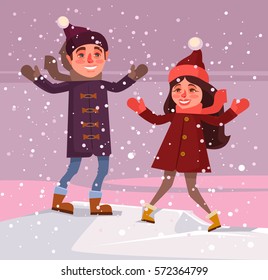 Man and woman characters enjoying snowfall. Vector flat cartoon illustration