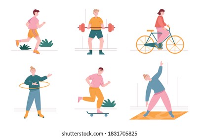 Man and woman characters exercise and doing sport at home and outdoor. Vector illustration set of people workout, doing yoga and running. Stretching, cycling, skating, weightlifting