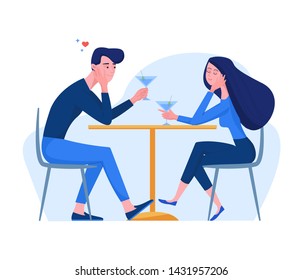 Man and woman characters in flat style sitting in the cafe drinks cocktail. Couple in love holding martini glass. Vector illustration with the interior of a cafe