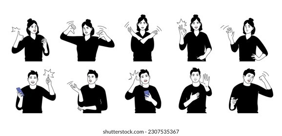 Man and woman characters gestures. Human reactions such as OK or stop. Pointing finger and call me hands positions. Vector illustration set isolated on white background.