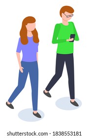 Man and woman characters going with smartphone. People friends communicating with innovative technology. Corporate of male and female in casual clothes holding and using wireless device vector