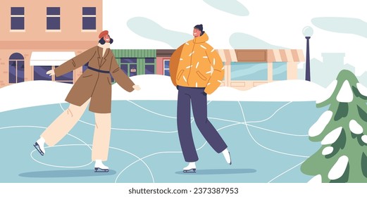 Man And Woman Characters Gracefully Glide Across The City Ice Rink, Their Smiles Shining As Brightly As The City Lights