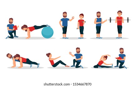 Man And Woman Characters In Gym With Personal Trainer Vector Illustrations