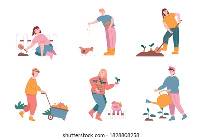 Man and woman characters harvesting and planting vegetables in farm graden. Vector illustration set of farmer people work in agriculture farm field. Feeding animals, seeding plants, harvest.