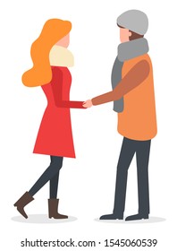 Man and woman characters holding hands, people walking in winter season. Romantic day of male and female in warm clothes standing together. Side view of boyfriend and girlfriend in scarf flat vector