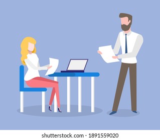 Man and woman characters holding paper report, worker sitting at desktop with laptop, portrait view of employees, monitor of computer, teamwork vector
