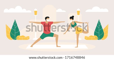 Man and Woman Characters in Medical Masks doing sport on Nature Landscape during Covid 19 Pandemic. Outdoor Sport Activity. Jogging and Sport Healthy Lifestyle. Cartoon Vector People Illustration