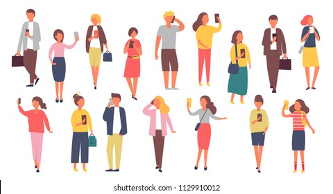 Man and woman characters with mobile phones. Crowd of people holding smartphones. Vector illustration.