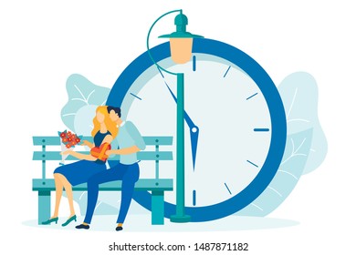 Man and Woman Characters on First Date in Park with Big Clock on Backgrounf Flat Cartoon Vector Illustration. Guy Giving Pretty Girl Flower Bouquet and Sweets. People Fall in Love.