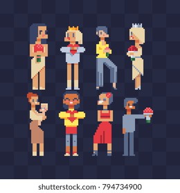 Man and woman characters. Pixel 80s art style. Design greeting card International Women's Day. Mother's Day. Happy Valentine's Day. Isolated vector illustration.
